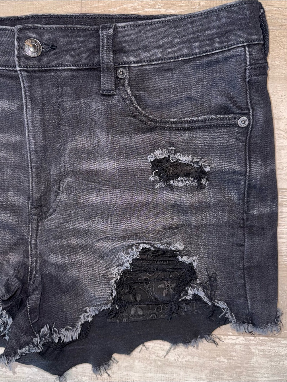 American Eagle Next Level Stretch Black Distressed Floral Eyelet Denim Shorts - Picture 3 of 10